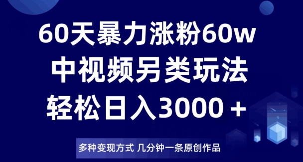 60天暴力涨粉60W，中视频另类玩法，日入3000＋，几分钟一条原创作品多种变现方式