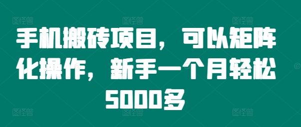 手机搬砖项目，可以矩阵化操作，新手一个月轻松5000多